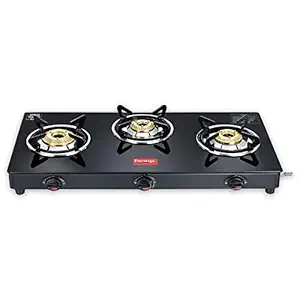 MILTON Premium 3 Burner Black Manual Ignition LPG Glass Top Gas Stove, (ISI Certified)