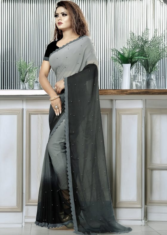 Self Design Bollywood Georgette Saree  (Black, Grey)