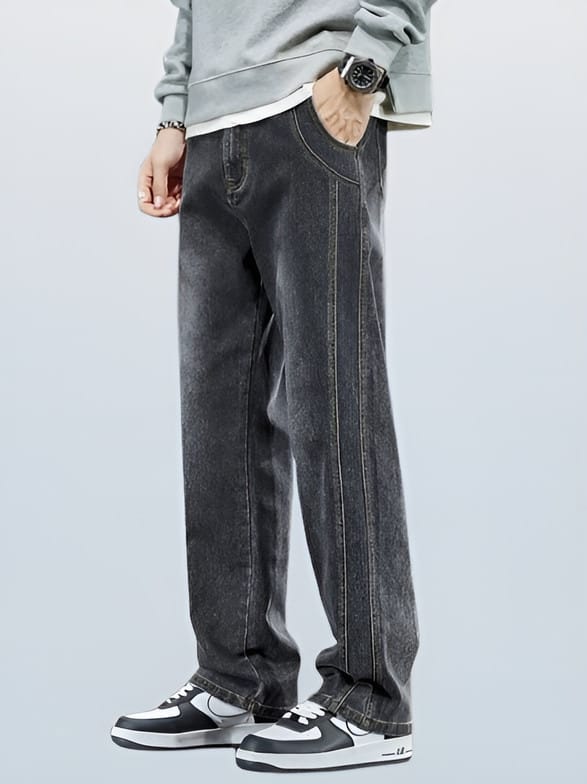 Men Loose Fit Mid Rise Dark Grey Jeans
